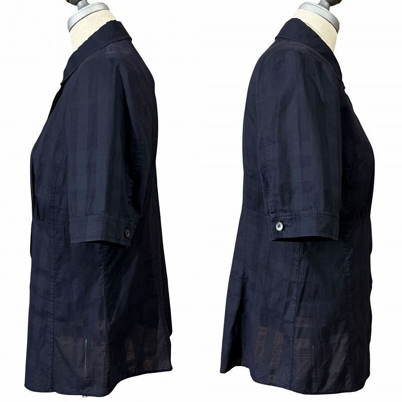 ■ BURBERRY LONDON バーバリー ロンドン 三陽商會 B1M27-332-28 透け感あり シャドーチェック メガチェック 半袖 ブラウス シャツ 黒 40