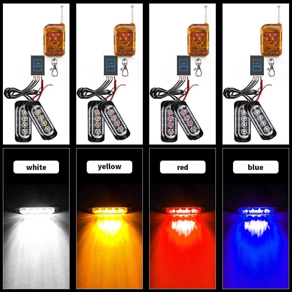 4連 LED ライト ハザード ストロボ フラッシュ 発光色：レッド/ブルー 警告燈 リモコン付き パトロール 緊急點滅 4個