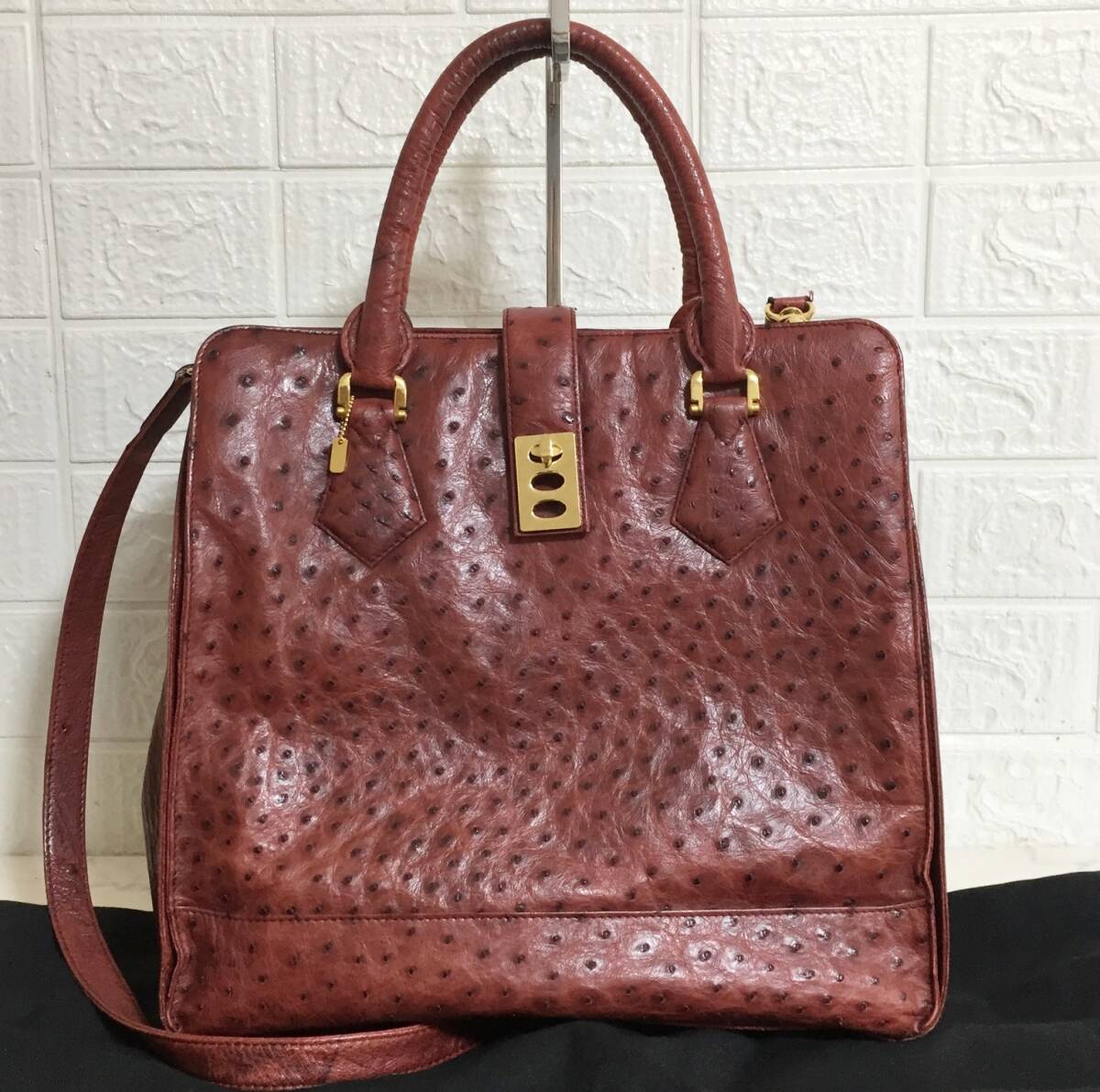 no34850 高級 Pearltone パールトーン 本革 レザー エキゾチック オーストリッチ ダチョウ 2way ショルダー トート バッグ