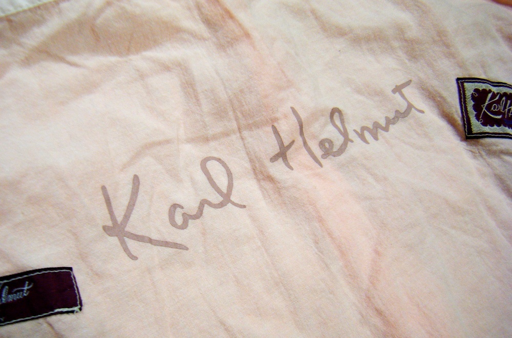 良質(zhì)品〇カールヘルム Karl Helmut シャツ L 薄手 ロゴ多數(shù) ベアー刺しゅうロゴ ライトピンク＆白色