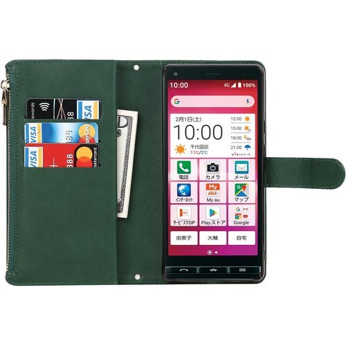 Eastwave かんたんスマホ2 A001KC ケー 入れ ファスナーポケット付き PUレザー 6色 グリーン 1516