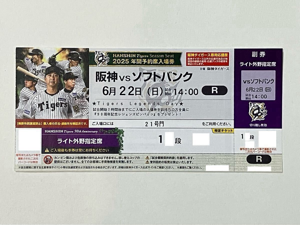 6/22（日）坂神タイガース vs 福冈ソフトバンクホークス ライト外野 下段 1枚のみ 交流戦