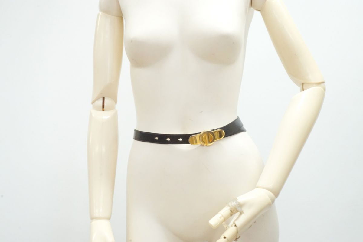 クリスチャン ディオール ヴィンテージ 65 ナロー ファッションベルト CDバックル レザー 黒 ブラック Christian Dior 2545k
