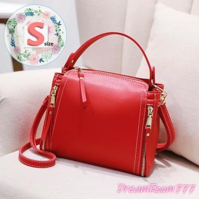 classic デザインステッチ レザー バケツBAG 【レッド S】 革 ハンドバッグ 海外セレブ K-073-2
