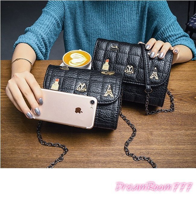 classic キルティングレザー チェーンBAG 【F型 ブラック S】クラッチバッグ 革 ハンドバッグ 海外セレブ K-068-1