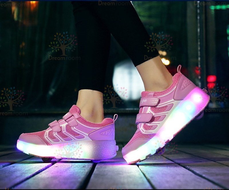 光る☆LED ライトアップスニーカー&ローラーシューズ 一體型 【K-373ピンク 23cm】夜間 スケート靴 反射材 ジョギング 自転車