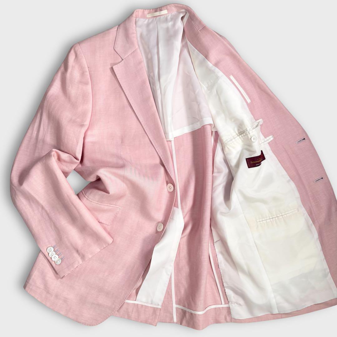 希少 美品 極上 ゼニア生地 リネン 麻 テーラードジャケット ヘリンボーン ピンク 春夏 Ermenegildo zegna メンズ ビジネス カジュアル