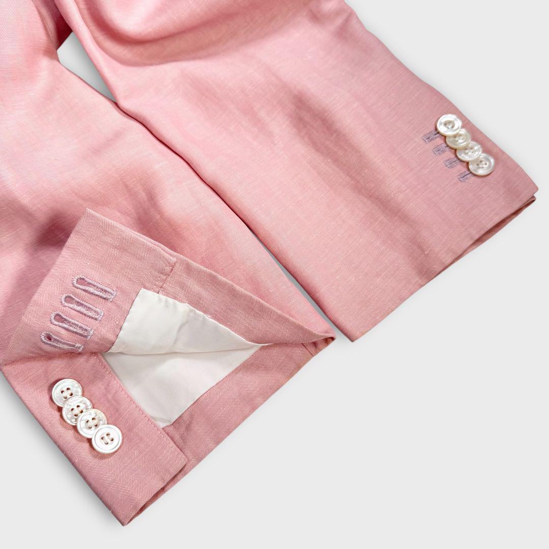 希少 美品 極上 ゼニア生地 リネン 麻 テーラードジャケット ヘリンボーン ピンク 春夏 Ermenegildo zegna メンズ ビジネス カジュアル