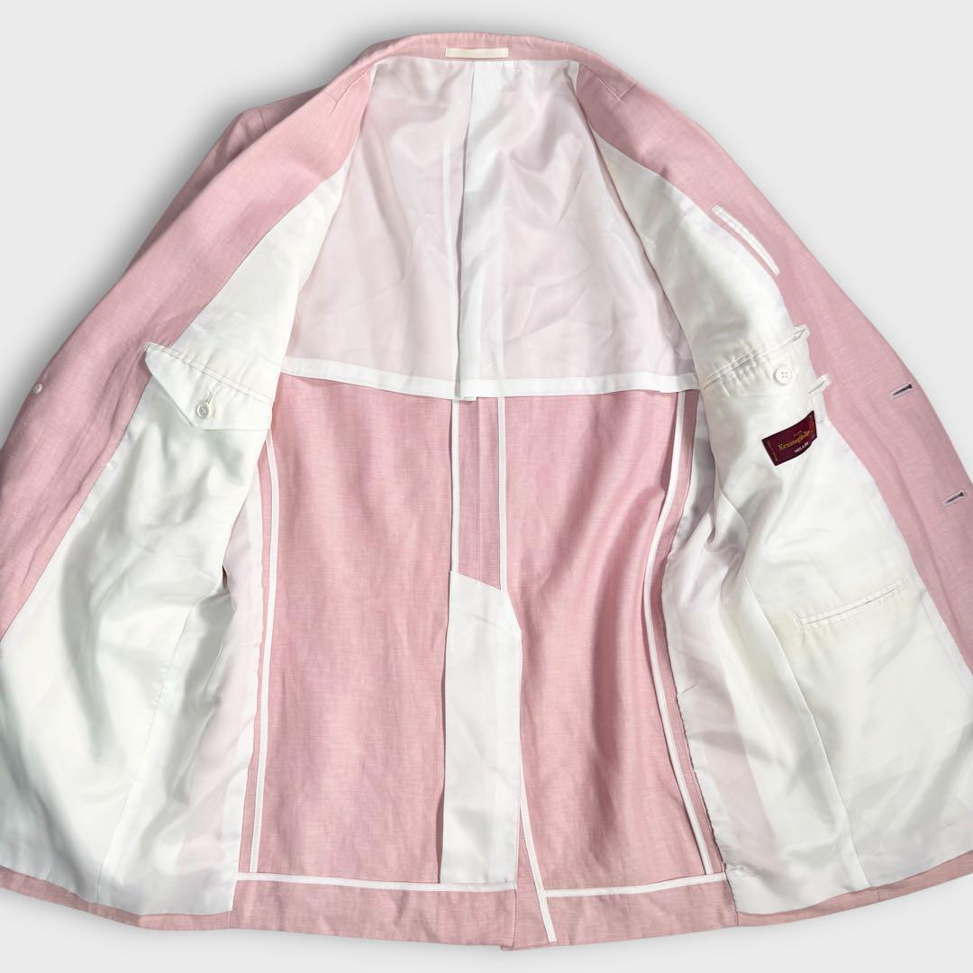 希少 美品 極上 ゼニア生地 リネン 麻 テーラードジャケット ヘリンボーン ピンク 春夏 Ermenegildo zegna メンズ ビジネス カジュアル