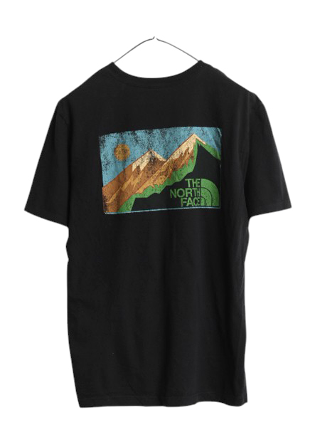 ノースフェイス 両面 プリント 半袖 Tシャツメンズ M 古著 アウトドア アート イラスト グラフィック バックプリント カットソー ブラック