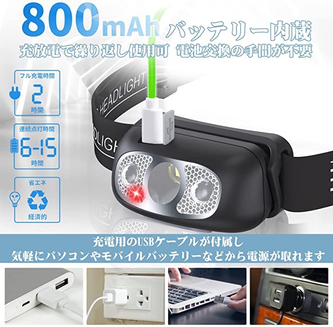 2個(gè)セットセンサー感知機(jī)能 USB充電式 ヘッドライト ledヘッドライト 防水 60°角府調(diào)整 夜釣り 登山 キャンプ 作業(yè) アウトドア 災(zāi)害