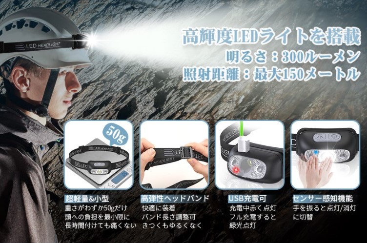 2個(gè)セットセンサー感知機(jī)能 USB充電式 ヘッドライト ledヘッドライト 防水 60°角府調(diào)整 夜釣り 登山 キャンプ 作業(yè) アウトドア 災(zāi)害