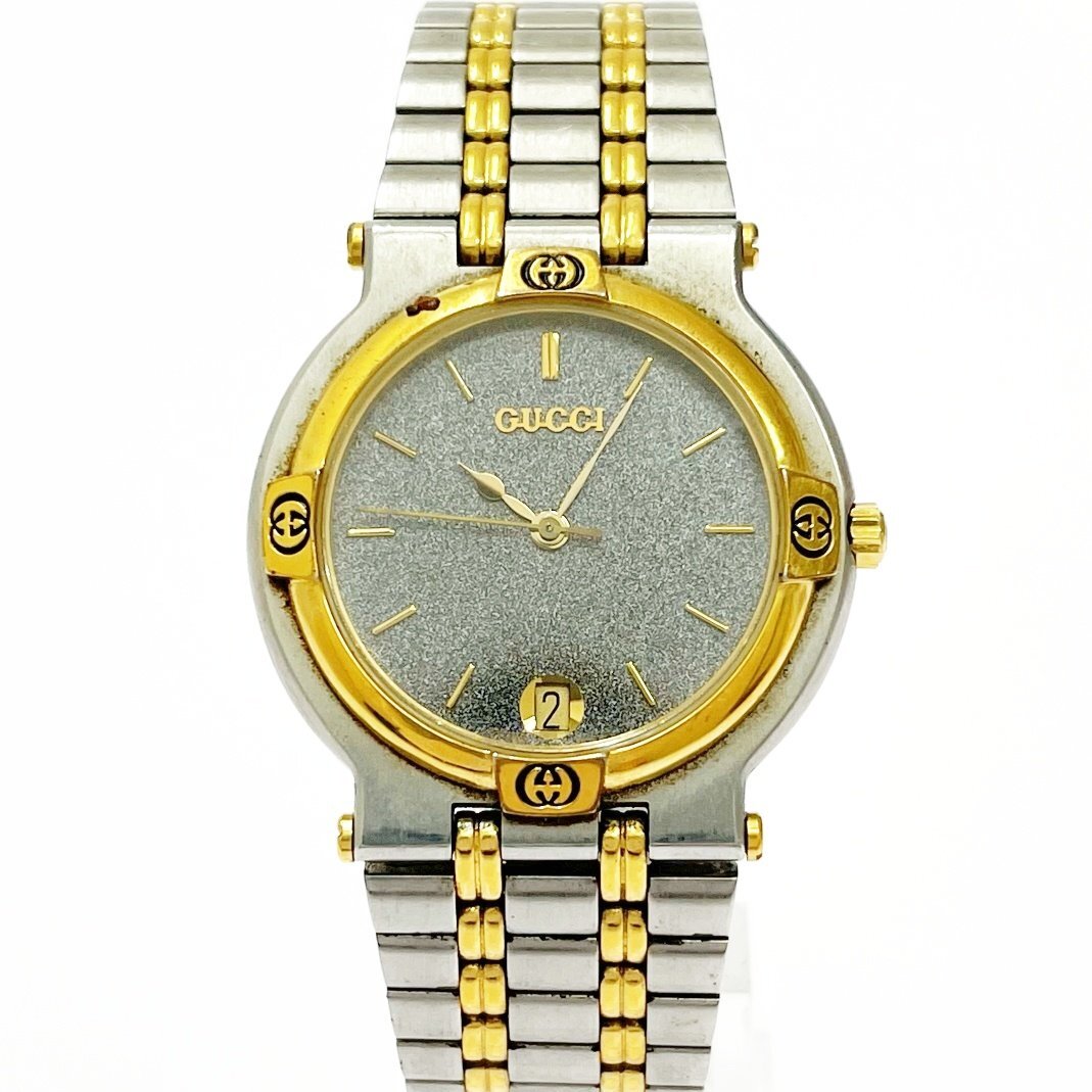 1円スタート】GUCCI グッチ 9000M デイト GP×SS グレー系文字盤