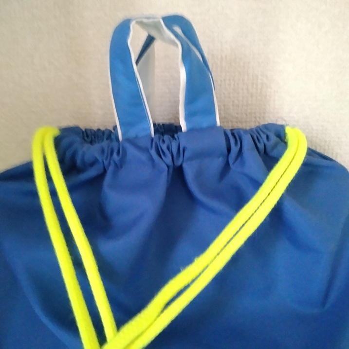 ハンドメイド　體操服入れ　ナイロン　青　ブルー　ストライプ　黃色　イエロー　オレンジ