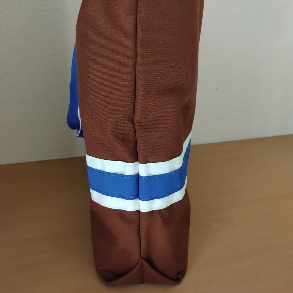 ハンドメイド 大きめ レッスンバッグ　ポケットあり　コットン制　茶（青白）ストライプ　白青　中學(xué)年　高學(xué)年　男子　Y字