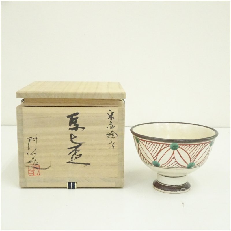 湖東焼　赤絵　人物文　猪口　盃　時代箱付　V　R5213 湖東焼 赤絵 人物文 猪口 盃 時代箱付 V R5213