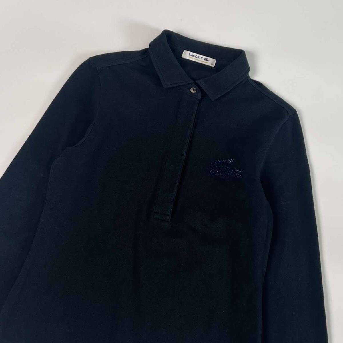 LACOSTE ラコステ ラインストーン 鹿の子 長袖 ポロシャツ 34/ブラック レディース_画像2