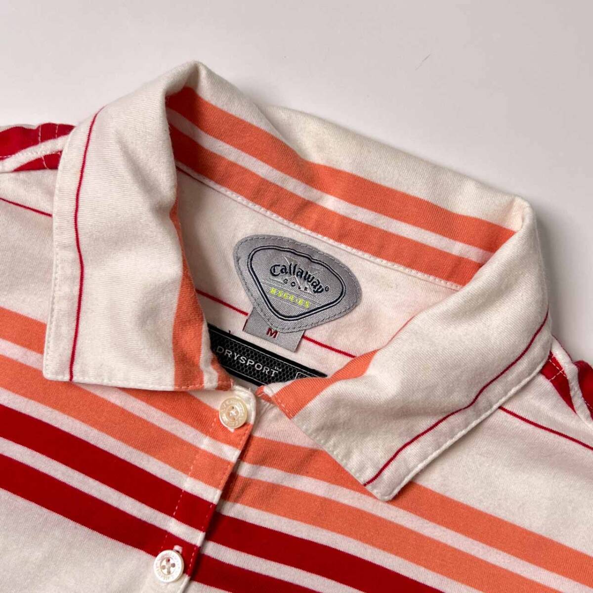 Callaway キャロウェイ DRY SPORT ボーダー 天竺 半袖 ポロシャツ M/ホワイト×レッド系 レディース ゴルフ