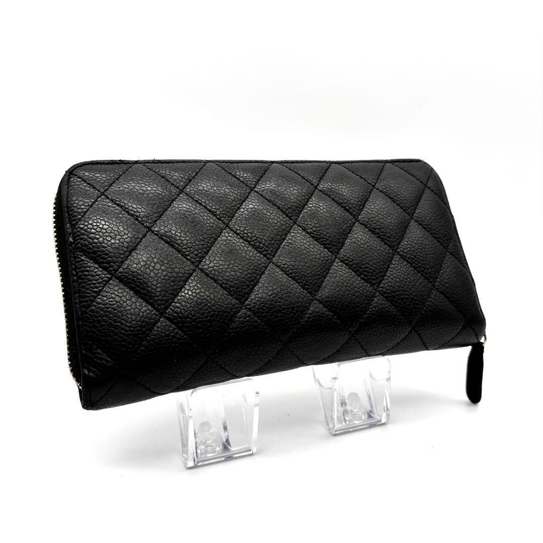 CHANEL ブラック キャビアスキン 長財布　ラウンドファスナー　ゴールド金具_画像2