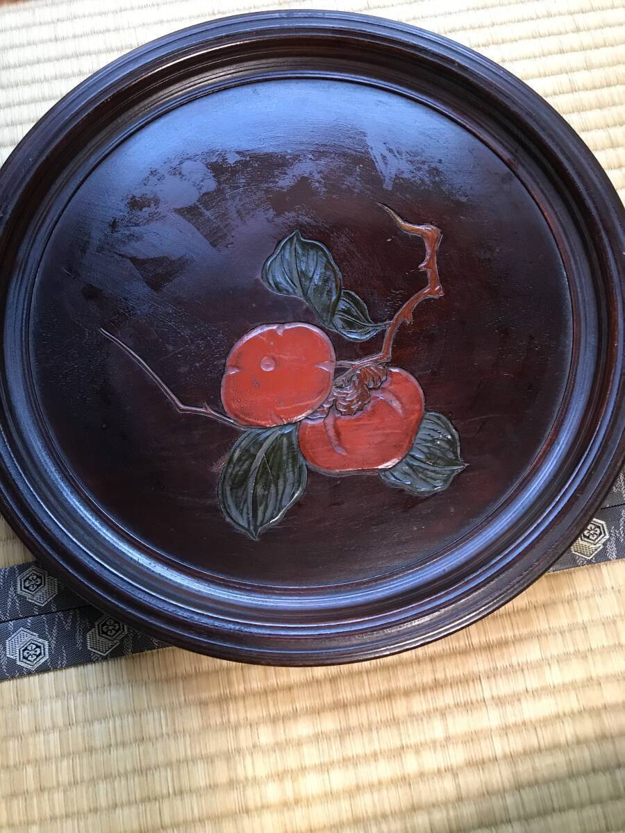 彫抜色絵絵替丸盆 二箱十客　菓子皿 漆器 漆芸 銘々皿 丸盆　盆　骨董品 彫抜色絵絵替丸盆 二箱十客 菓子皿 漆器 漆芸