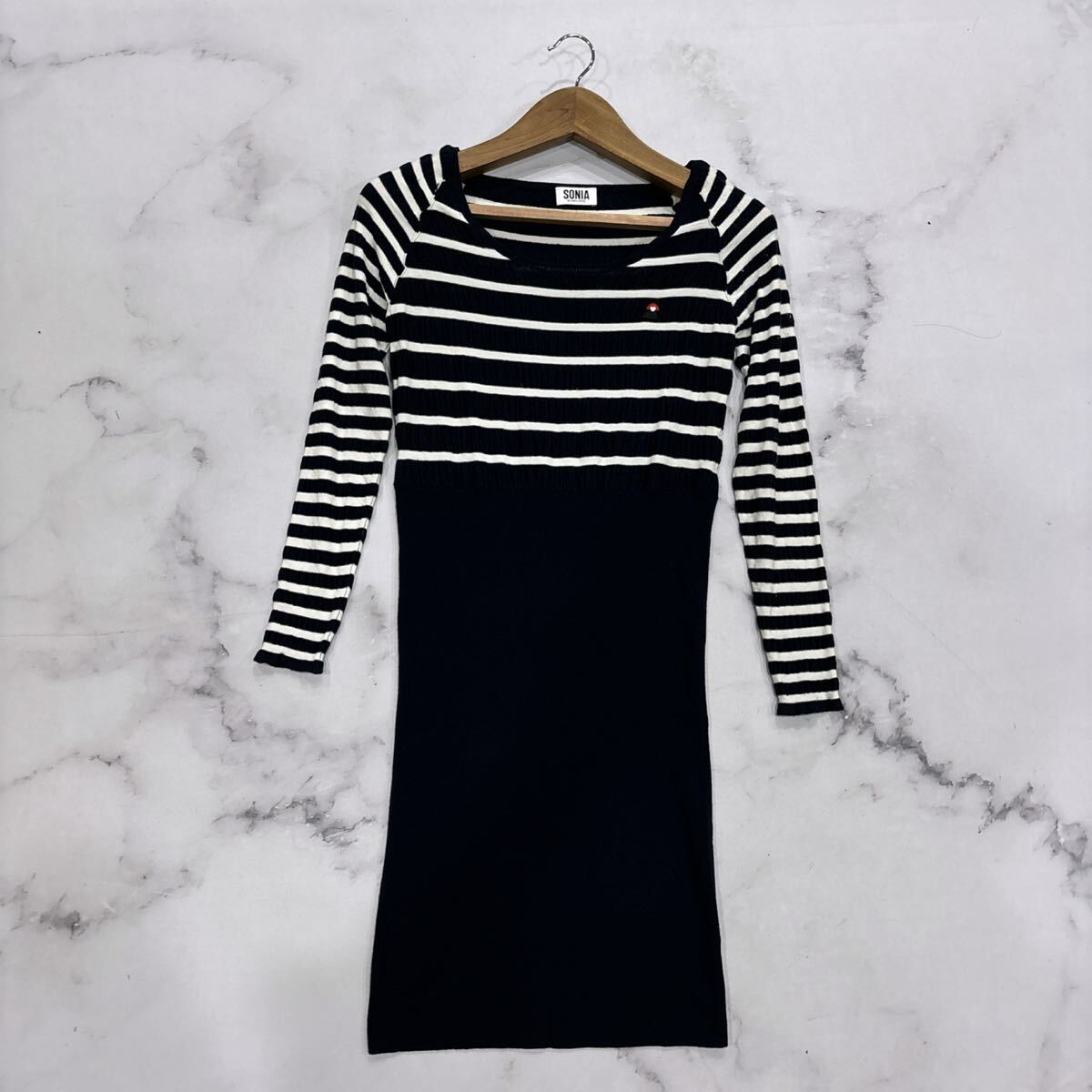 AD ＊ '高級(jí)感溢れる' 人気シルエット SONIA RYKIEL ソニアリキエル 長(zhǎng)袖 ボーダー柄 ドッキング タイト ワンピース S レディース 