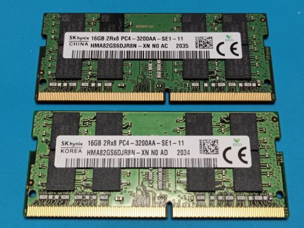 (BIOS确认済み)ノートPC用【SKhynix】 16GB 2Rx8 DDR4 PC4-3200AA 16GBx2枚　计32GB No.10