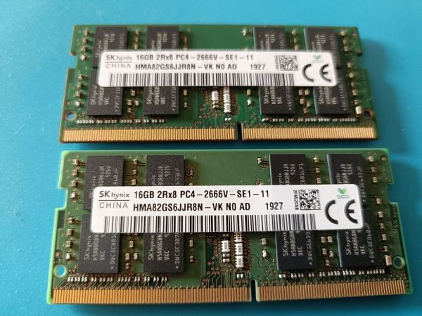 (BIOS確認済み)ノートPC用【SKhynix】 16GB 2Rx8 DDR4 PC4-2666V 16GBx2枚　計32GB No.23