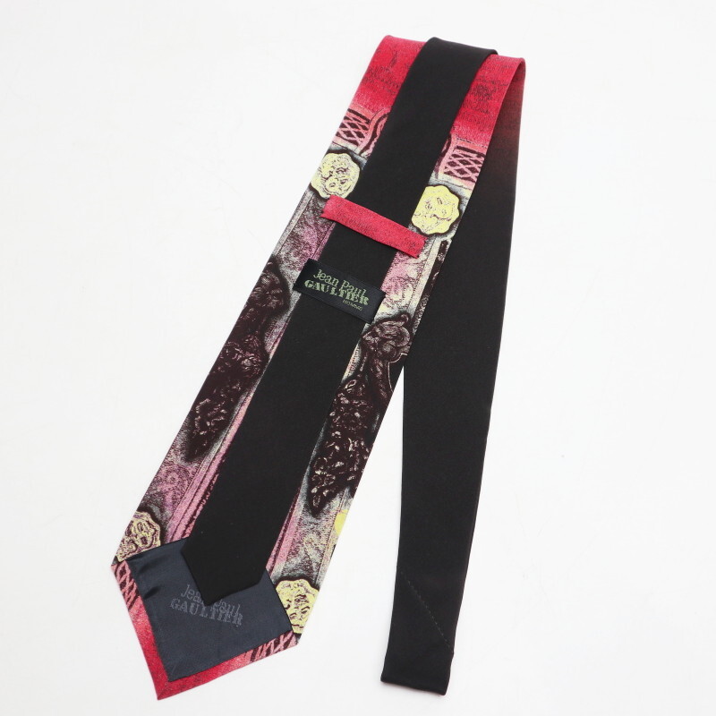 K06-k129 Jean Paul GAULTIER HOMME ジャンポールゴルチエオム グラフィックデザイン シルク ネクタイ レッド