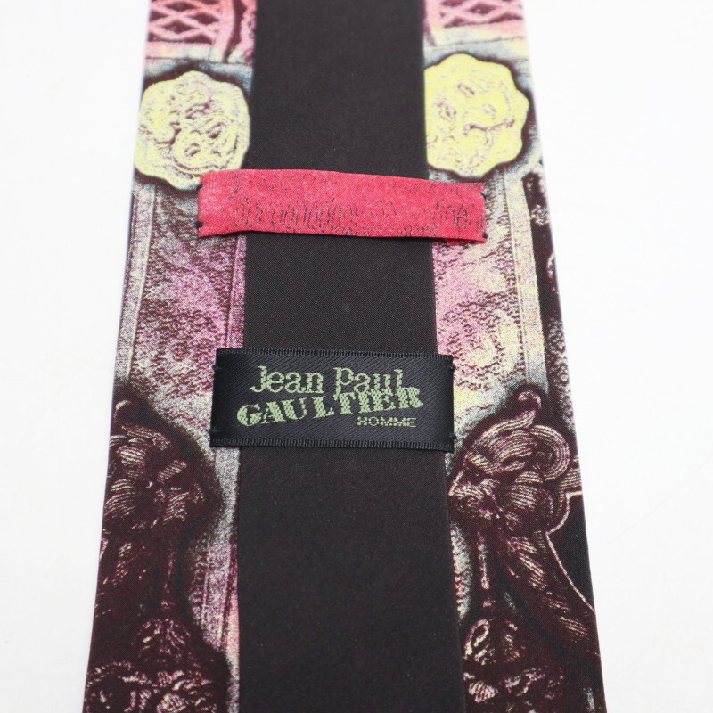 K06-k129 Jean Paul GAULTIER HOMME ジャンポールゴルチエオム グラフィックデザイン シルク ネクタイ レッド