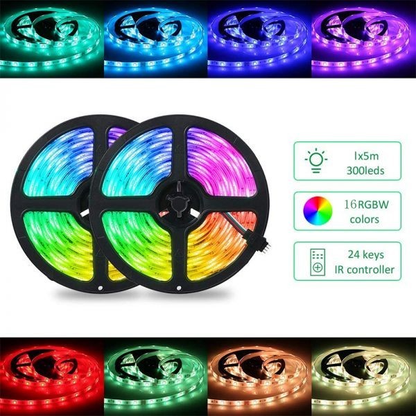 LEDテープライト RGB リモコン付 12V 5M 5050SMD 白ベース 300連 防水 切斷可 両面テープ付 正面発光 イルミネーション フルカラ DD09set