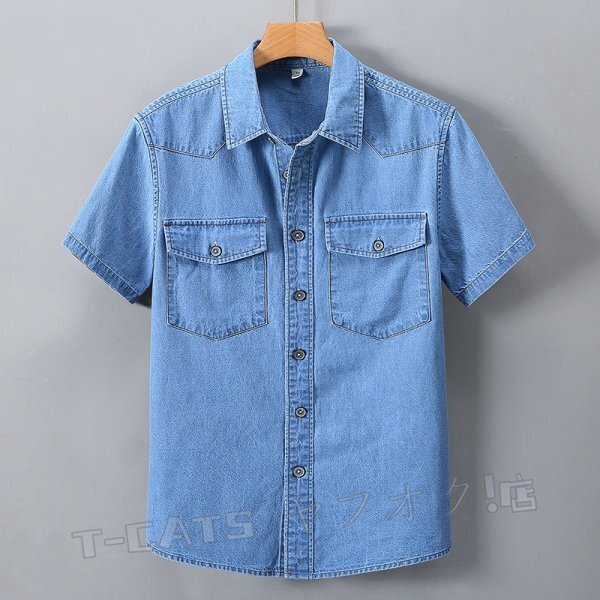 ☆新品半袖シャツ 半袖デニムシャツ メンズ シャツ トップス カーゴシャツ ワーク ウエスタン ブルー サイズ選択可