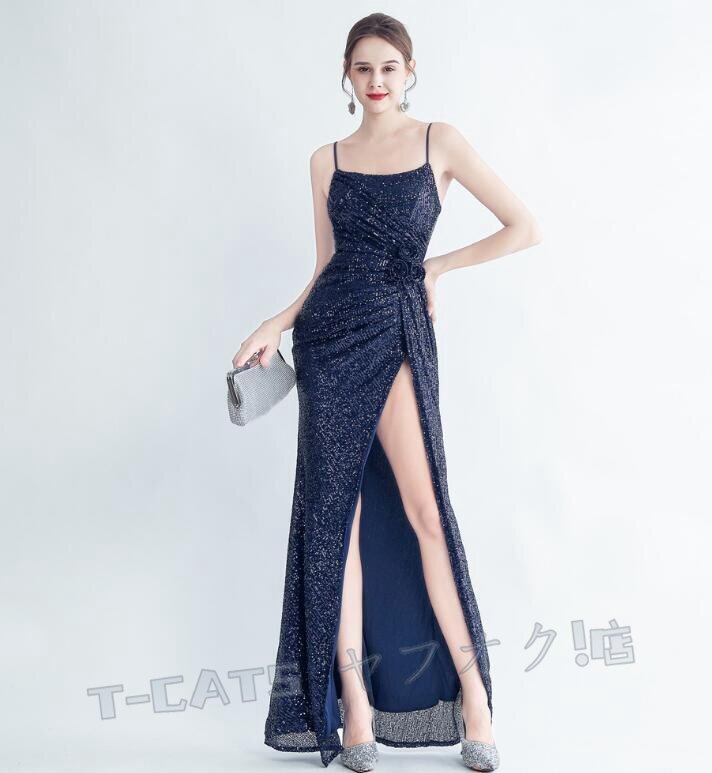 ☆新品レディースワンピース 大人sexy 高品質(zhì) 結(jié)婚式 二次會ドレス キャミワンピ 濃紺
