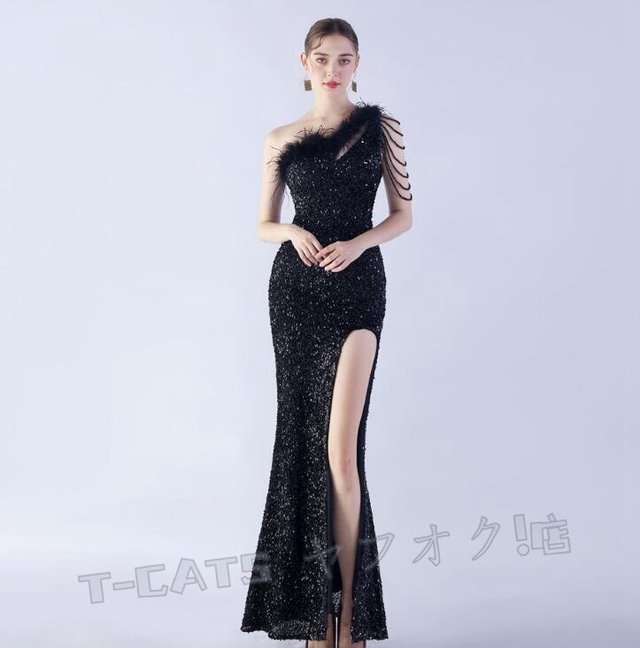 ☆新品レディースワンピース 高品質(zhì) 大人sexy パーティ ウエディングドレス ワンショルダー 黒
