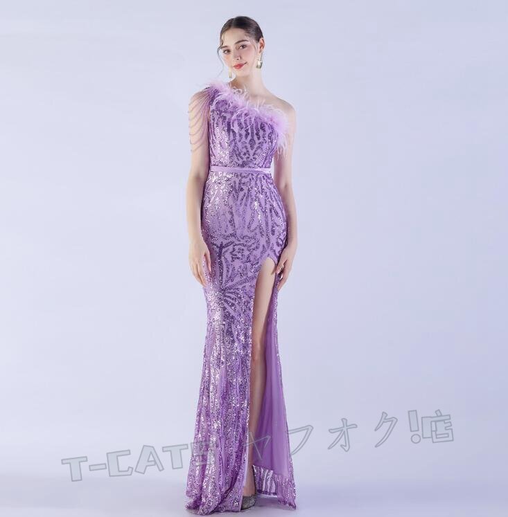 ☆新品レディースワンピース 高品質(zhì) 大人sexy 結(jié)婚式 ウエディングドレス パーティドレス ワンショルダー 紫