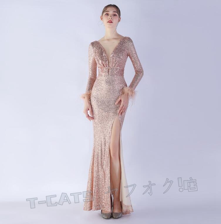 ☆新品レディースワンピース 高品質 大人sexy パーティ ウエディングドレス 長袖 ゴールド