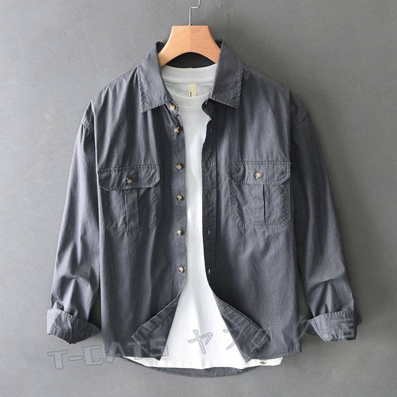 ☆新品長(zhǎng)袖シャツ メンズ シャツ カーゴシャツ ワークシャツ トップス ヴィンテージ トレンド 心地良し グレー サイズ選択可
