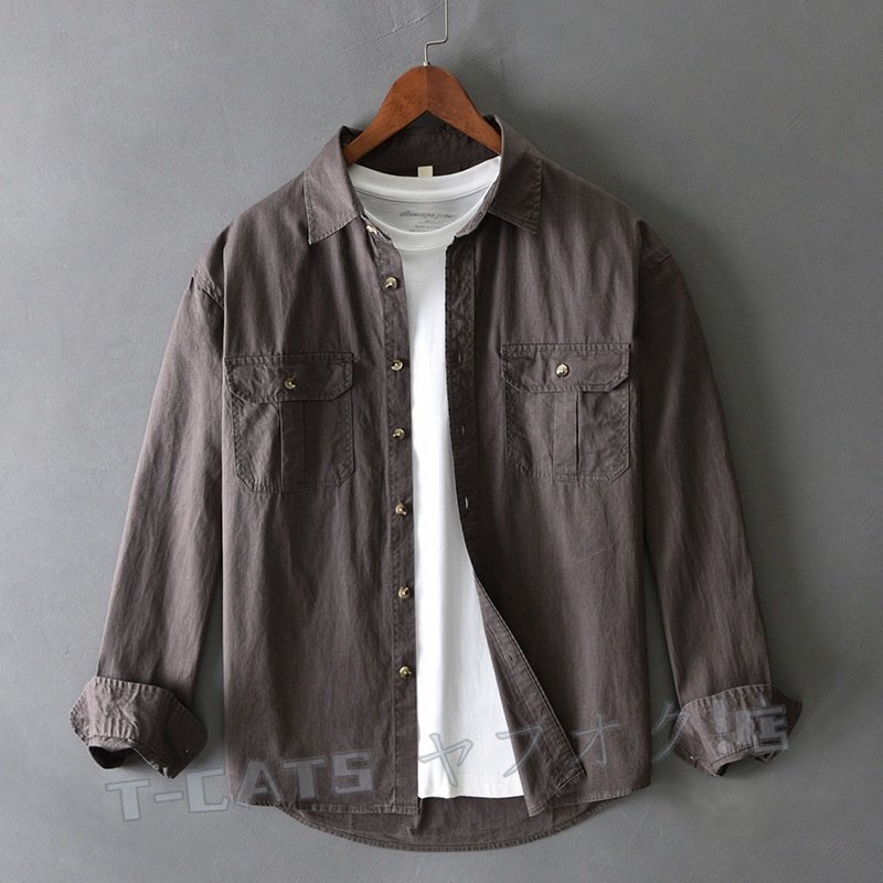 ☆新品長袖シャツ メンズ シャツ カーゴシャツ ワークシャツ トップス ヴィンテージ トレンド 心地良し 珈琲色 サイズ選択可