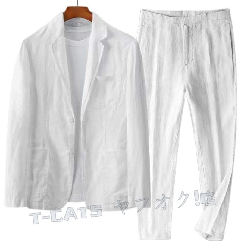 ☆新品メンズ スーツセット セットアップ テーラードジャケット テーパードパンツ 上下2點セット 綿麻風(fēng) スラックス フォーマル L