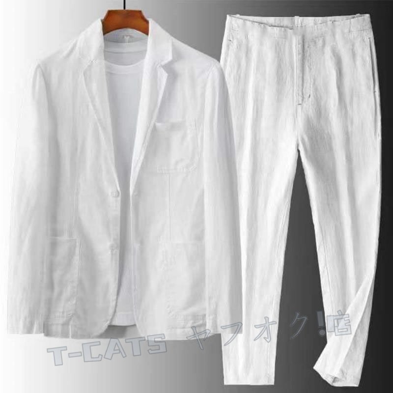 ☆新品メンズ スーツセット セットアップ テーラードジャケット テーパードパンツ 上下2點セット 綿麻風(fēng) スラックス フォーマル L