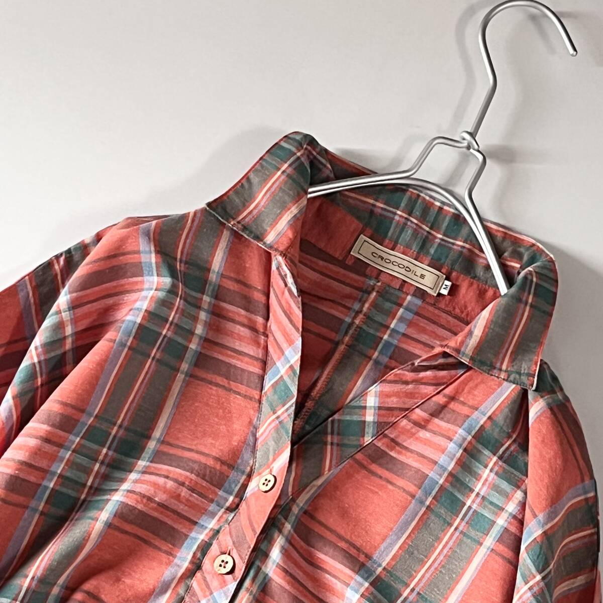 ① 極美品 クロコダイル チェック スキッパー シャツ ドルマンスリーブ チュニック オレンジ M