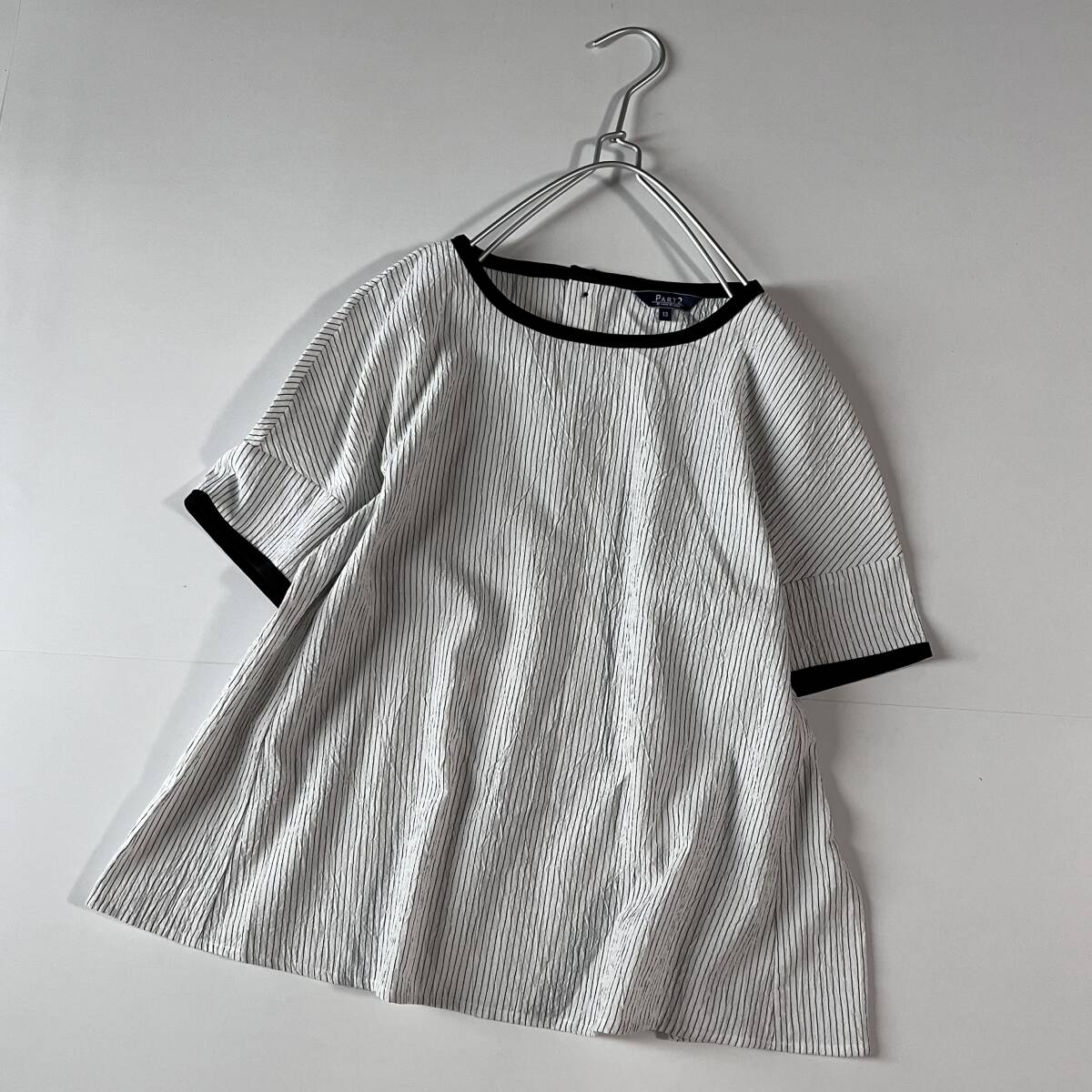② 極美品 PART2 ジュンコシマダ JUNKO SHIMADA サッカー生地 ストライプ Aライン プルオーバー ブラウス 大きいサイズ 13