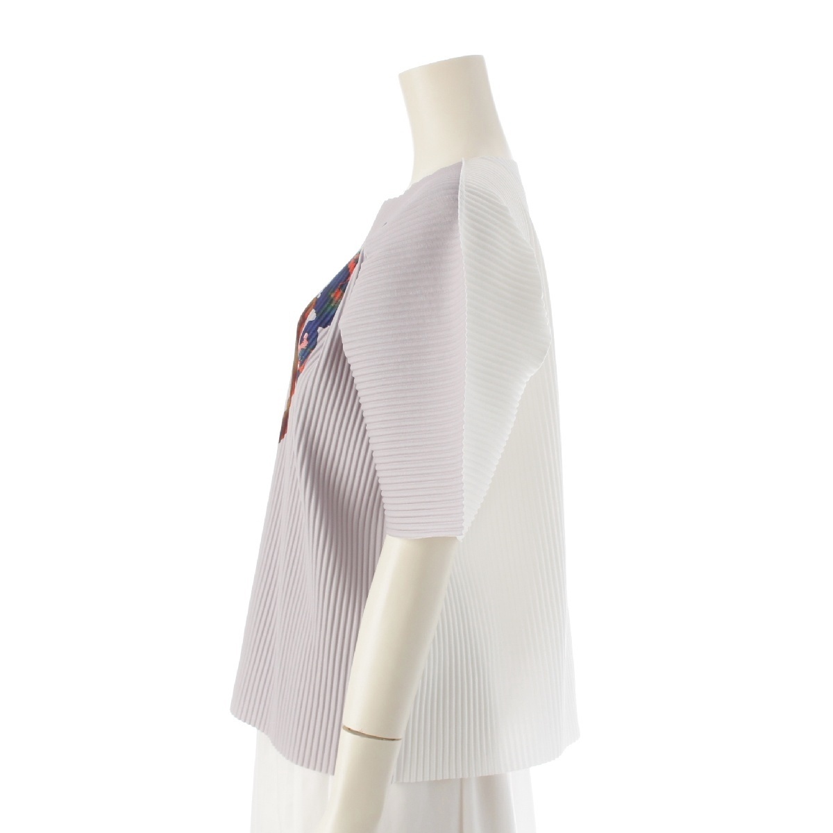 ミー イッセイミヤケ 24年 WATER FLOWER FINE KNIT PLEATS 半袖 トップス MI42KK641 グレー×ホワイト ‐【中古】