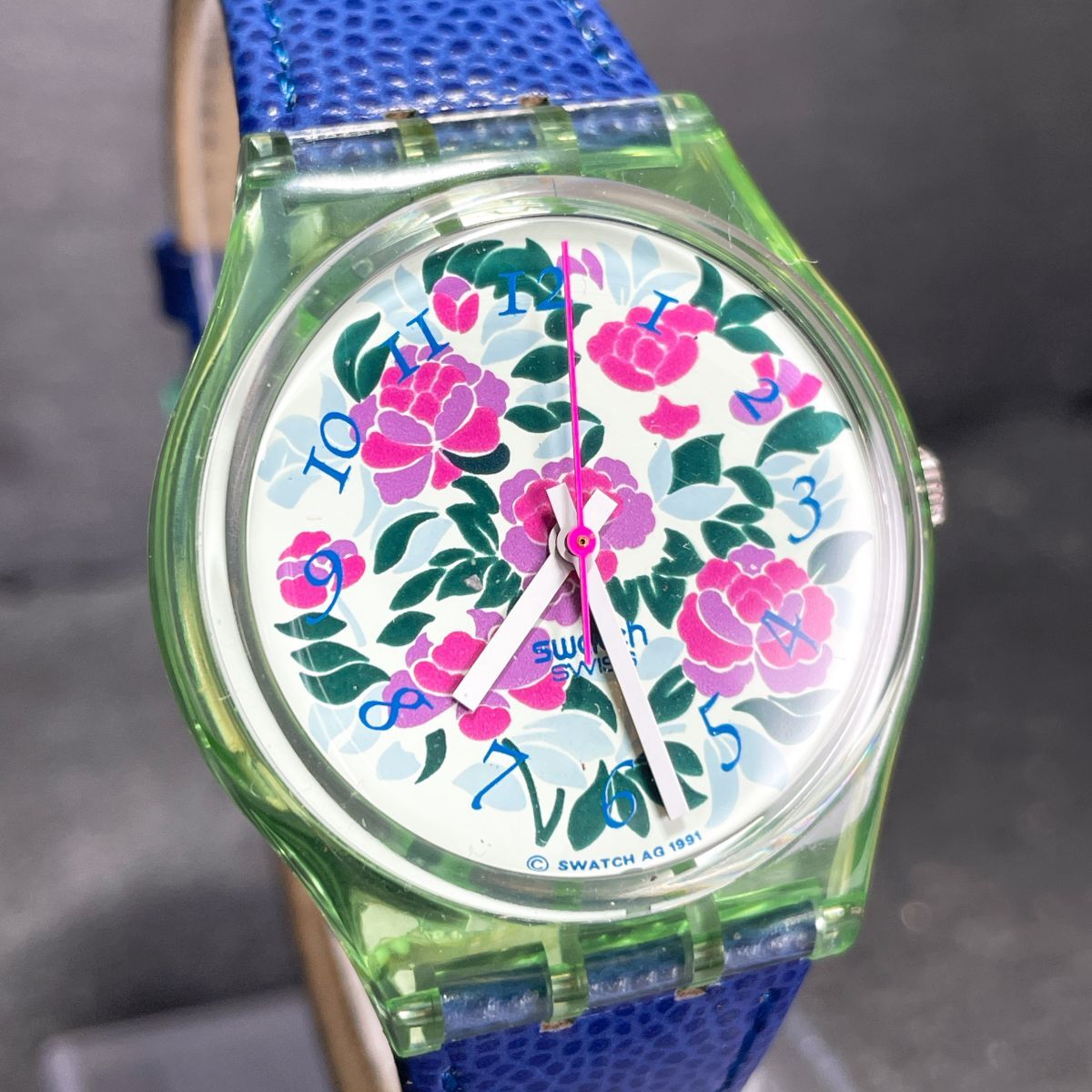  прекрасный товар Swatch Swatch MAZZOLINO GG115 наручные часы аналог кварц 3 стрелки каркас цветочный принт зеленый кожаный ремень голубой раунд 