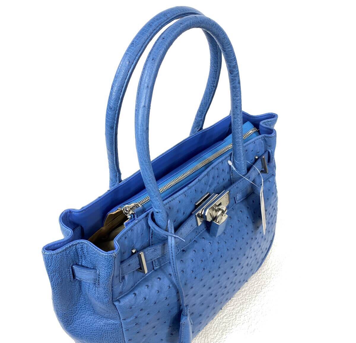 ☆未使用☆ 希少品！ オーストリッチ フルポイント ハイグレード 南京錠 ハンドバッグ ブルー