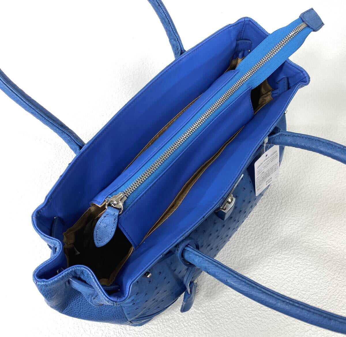 ☆未使用☆ 希少品！ オーストリッチ フルポイント ハイグレード 南京錠 ハンドバッグ ブルー