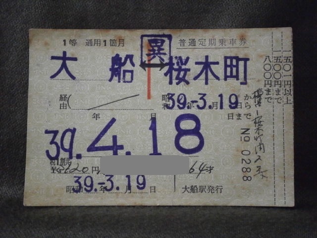 國(guó)鉄　(異) １等 大船駅発行 普通定期乗車券 大船?桜木町