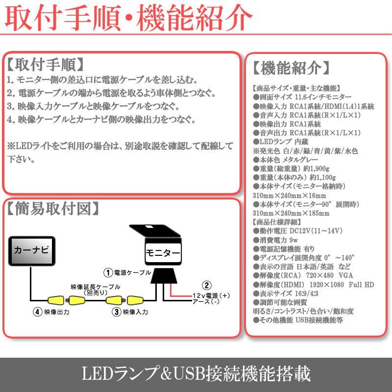 アルパイン ナビ対応 11.6インチ フリップダウンモニター 超薄型 國産車向け配線対応 映像出力アダプターset ノイズカット配線 18ヶ月保証