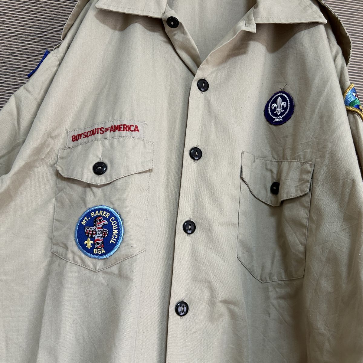 ワークシャツ　USA制ボーイスカウトワッペン刺繍ベージュトーテムポール＠６ 古著　入手困難　激レア　希少 人気　アメリカ制　ゆるだぼ