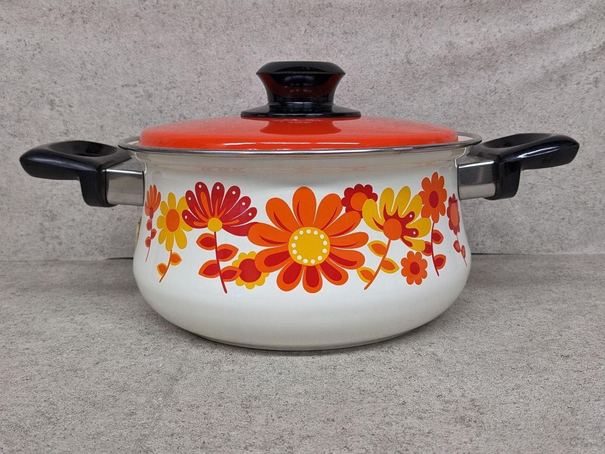 ff318#[ коробка нет неиспользуемый товар ] Showa Retro michi сигнал low кастрюля с двумя ручками 20. сигнал low кастрюля кухонная утварь цветочный принт retro pop /80