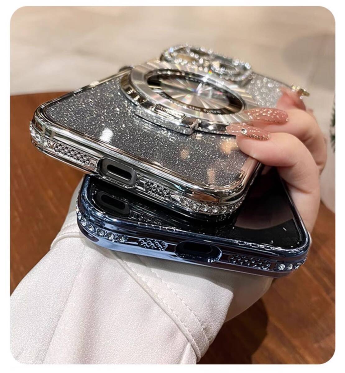 iphone14plusケース カーバー スタンド付き　透明　お洒落　韓国　軽量 ケース 耐衝撃 高品質　シルバーｚ